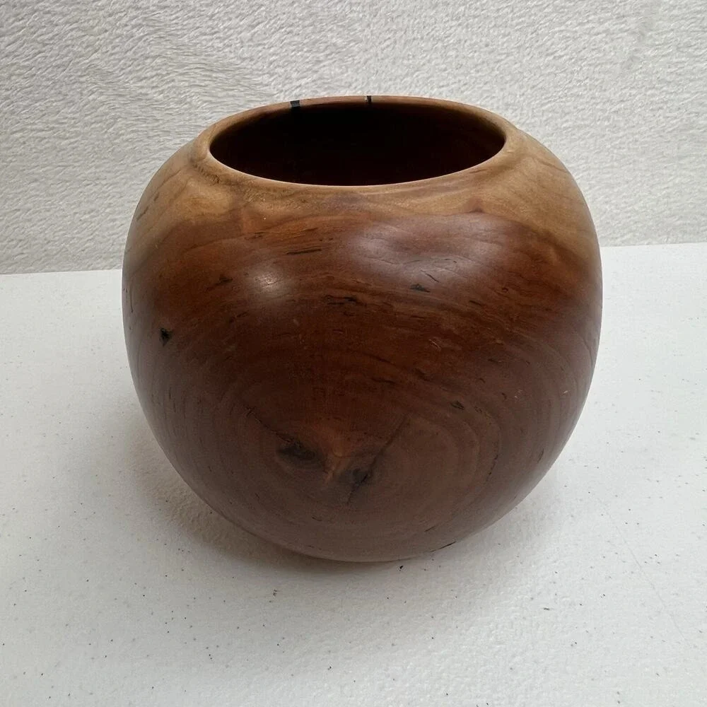 Wooden Mid Century Modern Hand Carved‎ Round Hollow Form Wood Vase Crown Sign